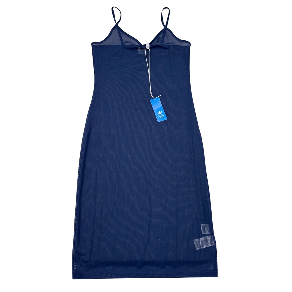 Adidas Liberty London Dress Women Size Large Navy Blue Sheer Midi Athleisure NEW